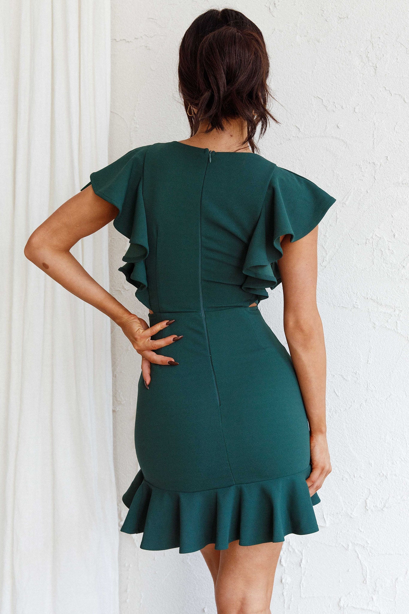 Cupid's Bow Ruffle Shoulder Bodycon Dress Forest Green
