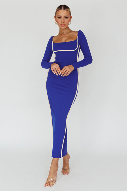 Sunny Coast Long Sleeve Piping Maxi Dress Blue