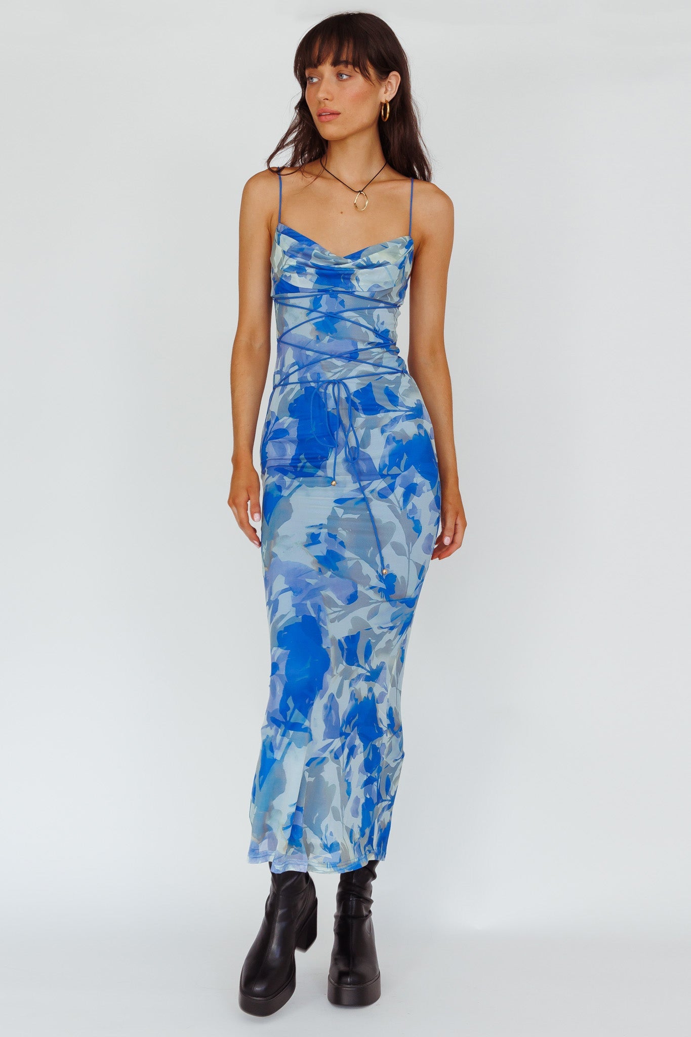 Teava Laced Waist Maxi Dress Print Floral Blue