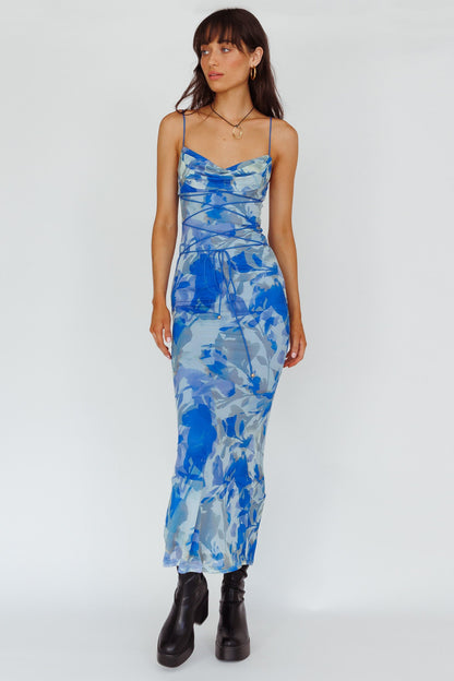 Teava Laced Waist Maxi Dress Print Floral Blue