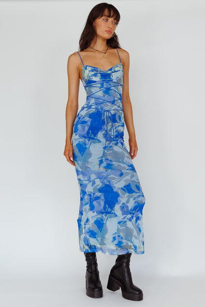 Teava Laced Waist Maxi Dress Print Floral Blue