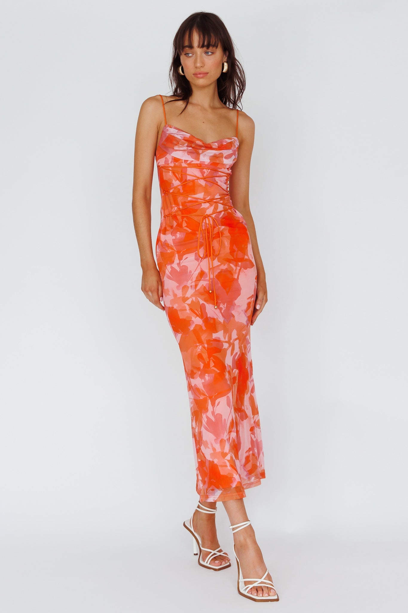 Teava Laced Waist Maxi Dress Print Floral Orange