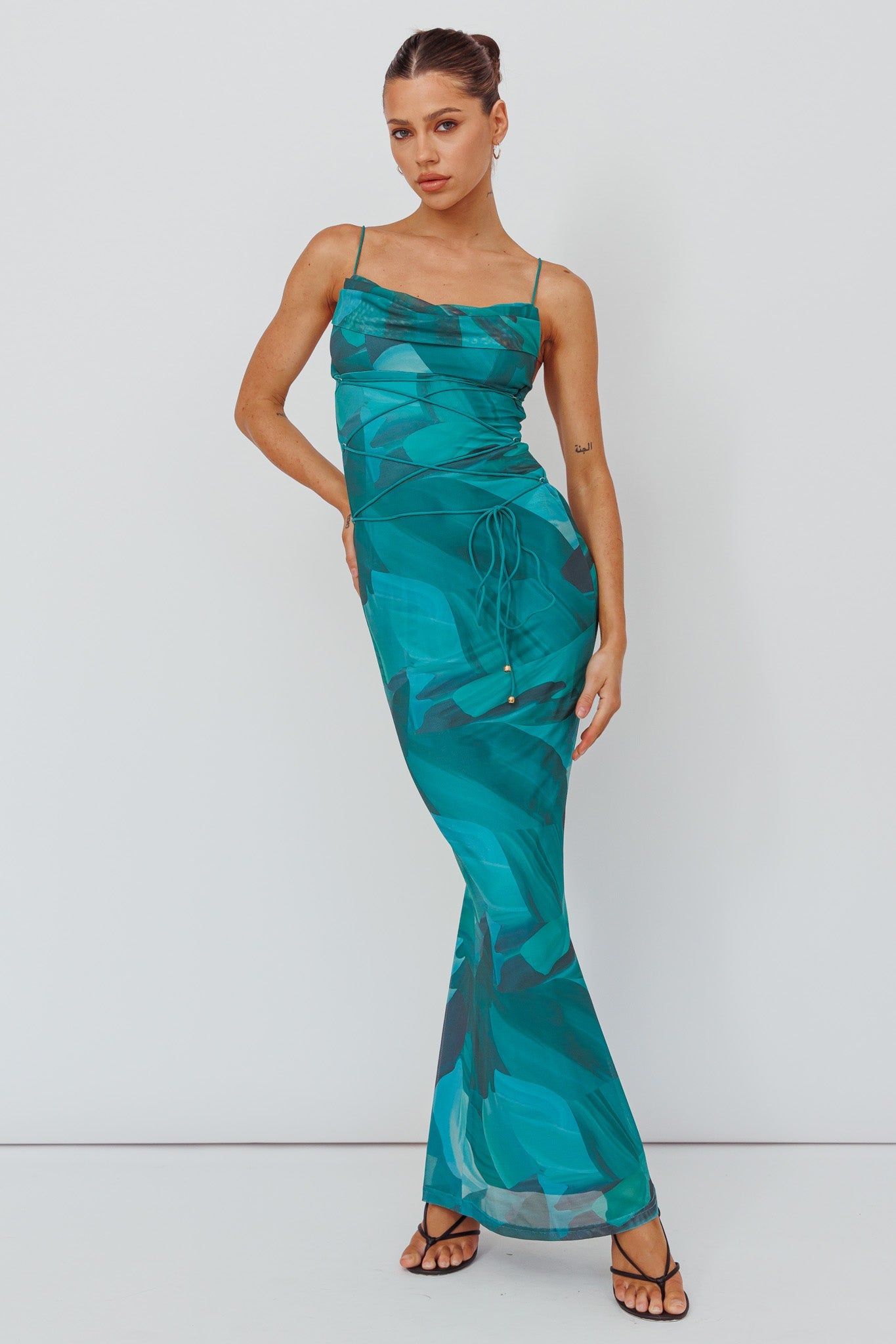 Teava Laced Waist Maxi Dress Abstract Green
