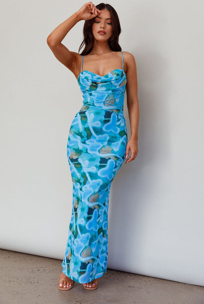 Teava Laced Waist Midi Dress Abstract Blue Crush