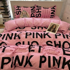 Fashion Style Pink Black Bedding Set Soft Floral Duvet Cover Pillowcase Bed Flat Sheet Set for Girl Full Queen Twin Bed Linen