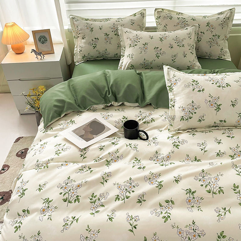 Fashion Bedding Set White Green Double Bed Linens Nordic Duvet Cover Pillowcase Queen Size Flat Sheet Classic Grid Kids Winter