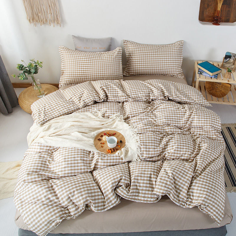 Fashion Bedding Set White Green Double Bed Linens Nordic Duvet Cover Pillowcase Queen Size Flat Sheet Classic Grid Kids Winter