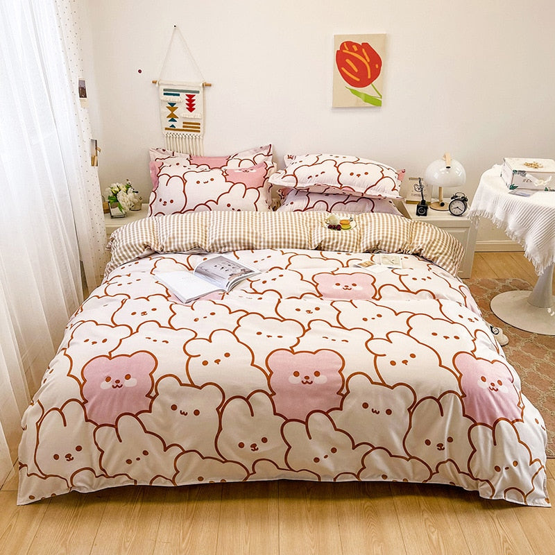 Floral Print Brushed Home Bedding Set Simple Fresh Comfortable Duvet Cover Set with Sheet Comforter Covers Pillowcases Bed Linen