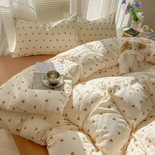 Duvet Set Double Yarn Four-piece Set Class A Aerobic Knitted Cotton Printed Love Bed Cover Skin Friendly Breathable Bedding