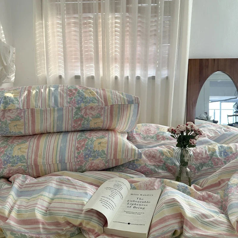 Floral Style Duvet Cover Pure Cotton Bed Cover Girls Soft Comforter Covers Set with Pillowcase King Size Quilt Cover Set