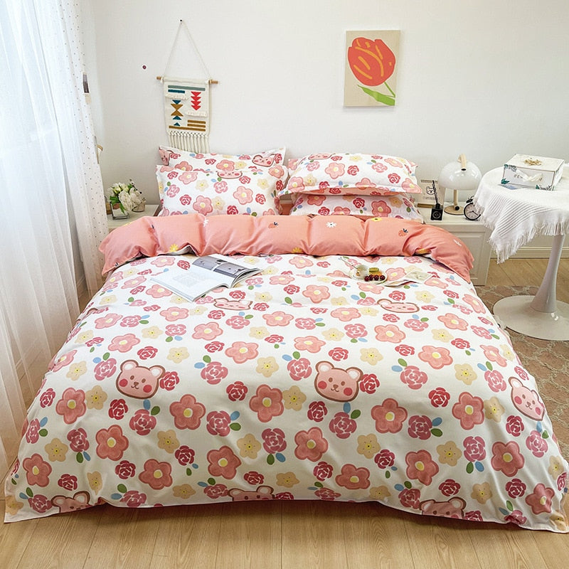 Floral Print Brushed Home Bedding Set Simple Fresh Comfortable Duvet Cover Set with Sheet Comforter Covers Pillowcases Bed Linen