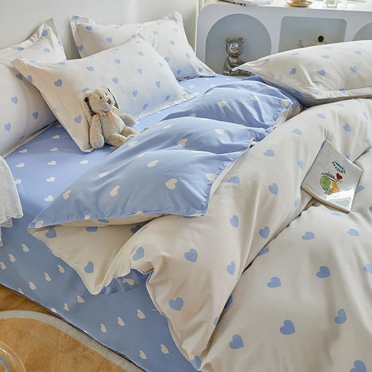 Duvet Cover Set for Boys and Girls, Cute Sweetheart, Flat Sheet, Pillowcase, Floral Bed Linen, Twin Queen Size, Home Bedding Kit