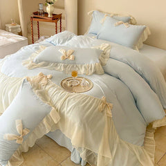 French Princess Style Bedding Sets Ruffle Lace Bow Quilt Cover Romantic Wedding Bedclothes Decor Woman Girls Bedroom Duvet Cover