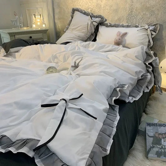 Grey White Quilt Cover Korean Prinsess Bow Girl Bedding Sets Simple Solid Color Bedclothes Decor Bedroom