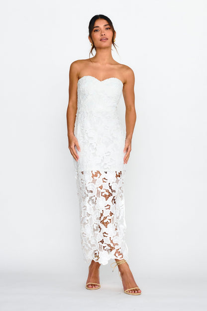 Parisa Sequin Embroidery Overlay Midi Dress White