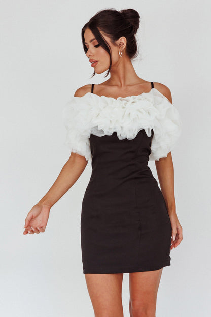 Prima Tulle Neckline Mini Dress Black/White