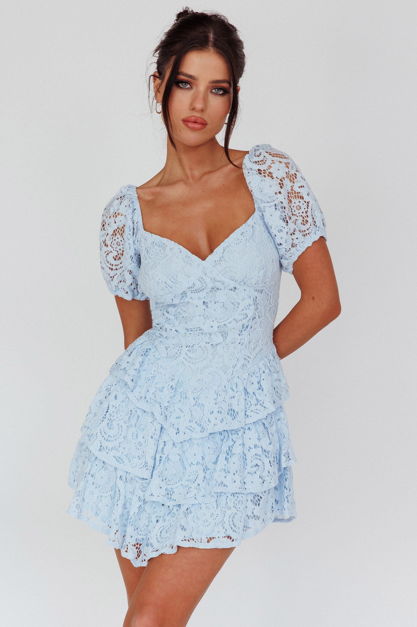 Tayah Tiered Lace Mini Dress Light Blue