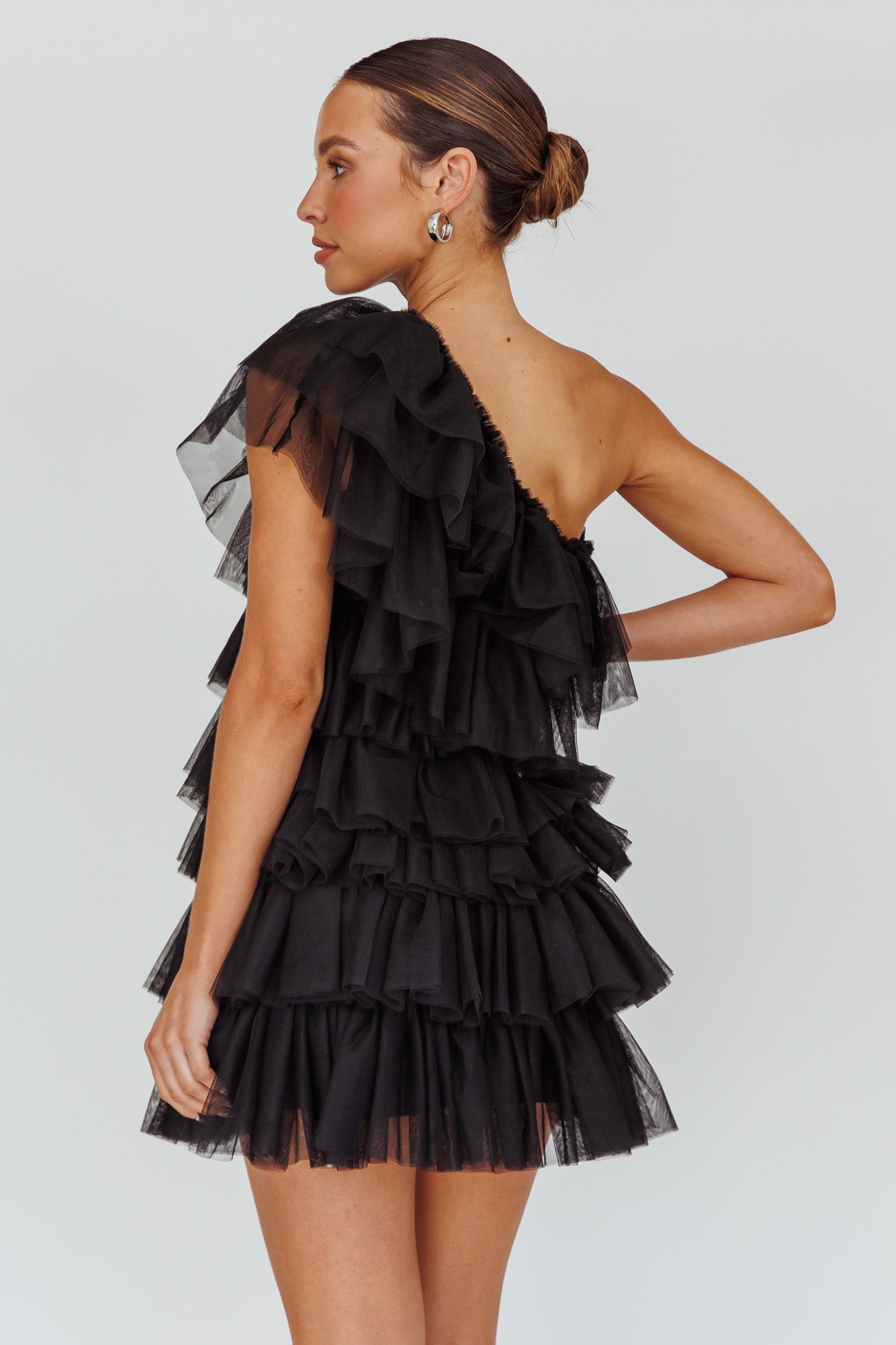 Tomi Layered Frill One-Shoulder Mini Dress Black