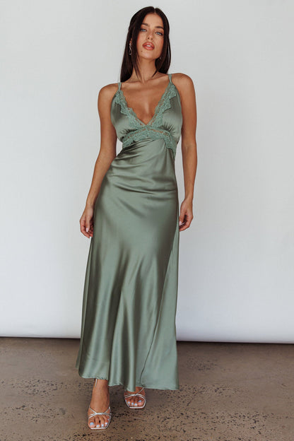 Signature Lace Trim Midi Dress Sage