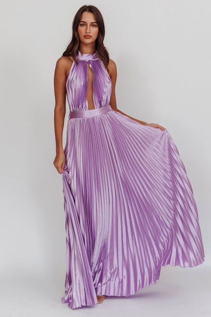 Monarch Pleated Satin Maxi Dress Lavender