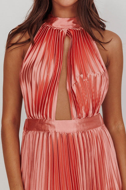 Monarch Pleated Satin Maxi Dress Rose
