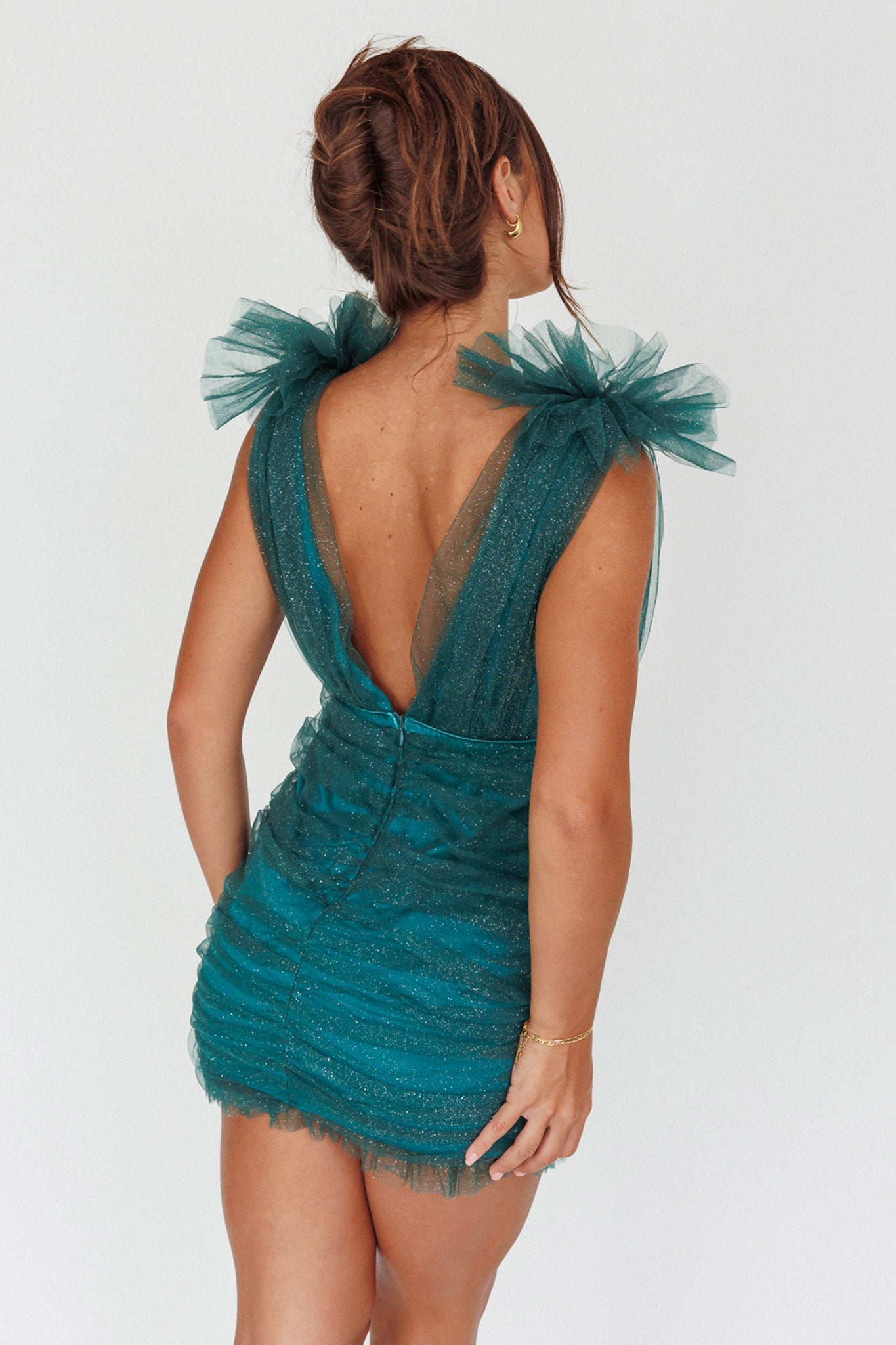 Ludivine Shoulder Accent Mesh Mini Dress Glitter Green