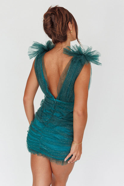 Ludivine Shoulder Accent Mesh Mini Dress Glitter Green