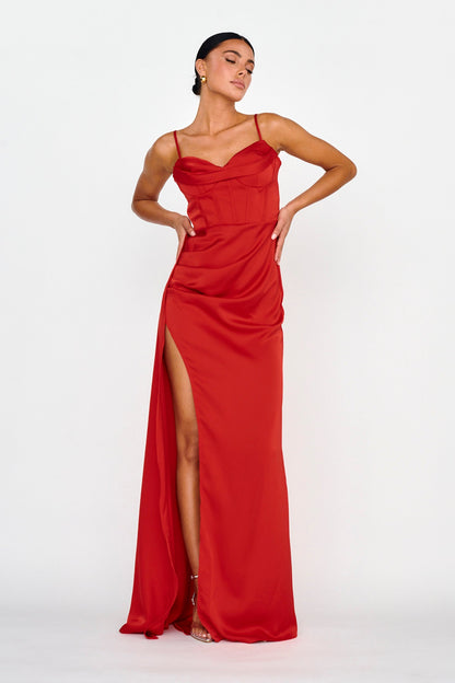 Secret Sweetheart Neckline Split Maxi Dress Red