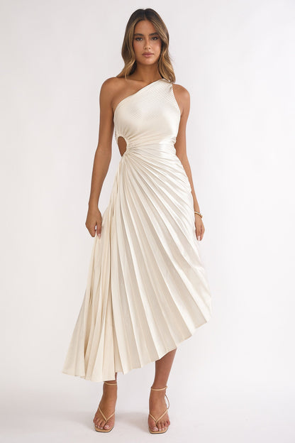 Brooklynn One-Shoulder Accordion Pleat Dress Champagne