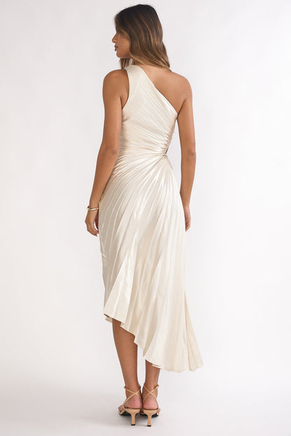 Brooklynn One-Shoulder Accordion Pleat Dress Champagne
