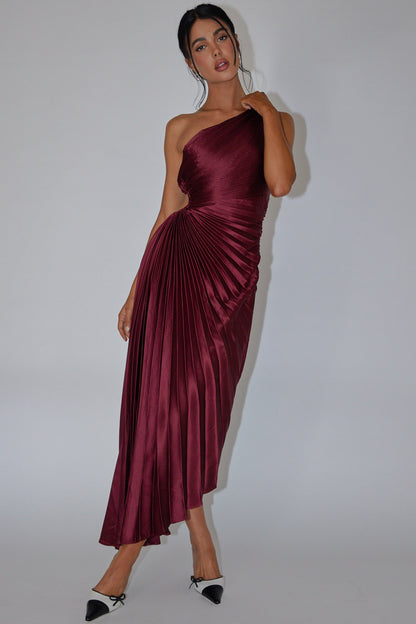 Brooklynn One-Shoulder Accordion Pleat Dress Wine