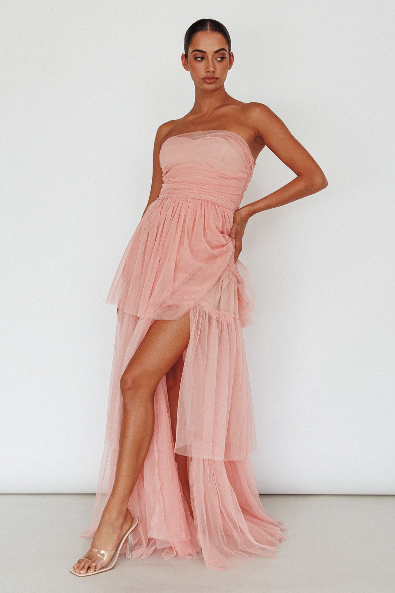 Haeven Tiered Strapless Maxi Dress Blush