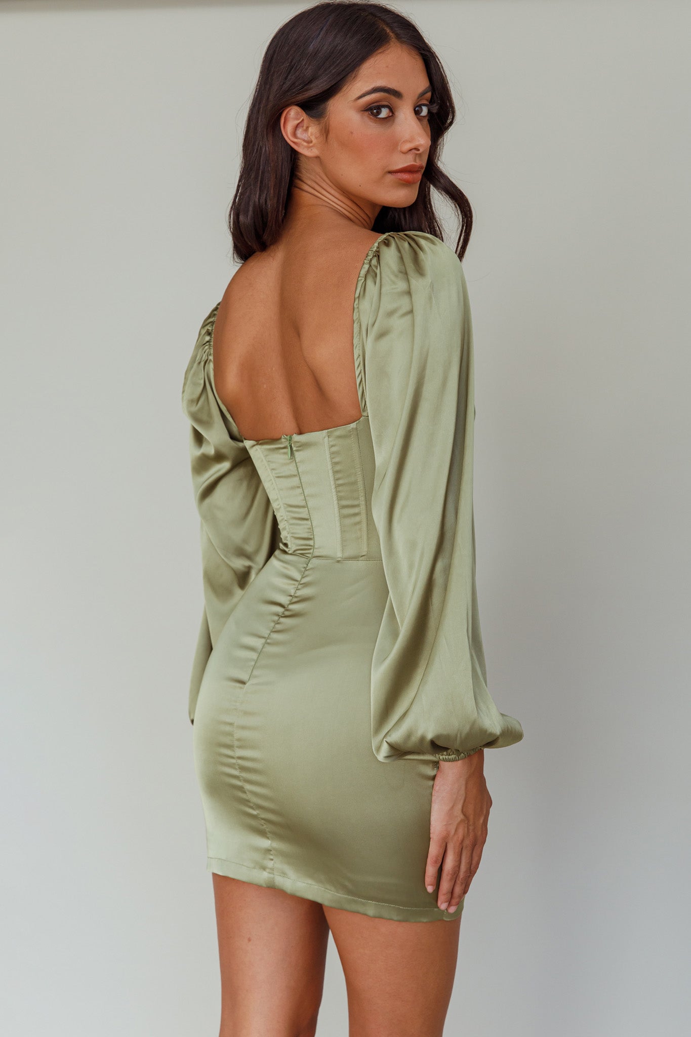 Au Revoir Long Sleeve Satin Mini Dress Sage