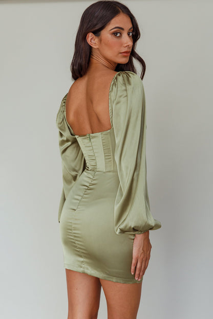 Au Revoir Long Sleeve Satin Mini Dress Sage