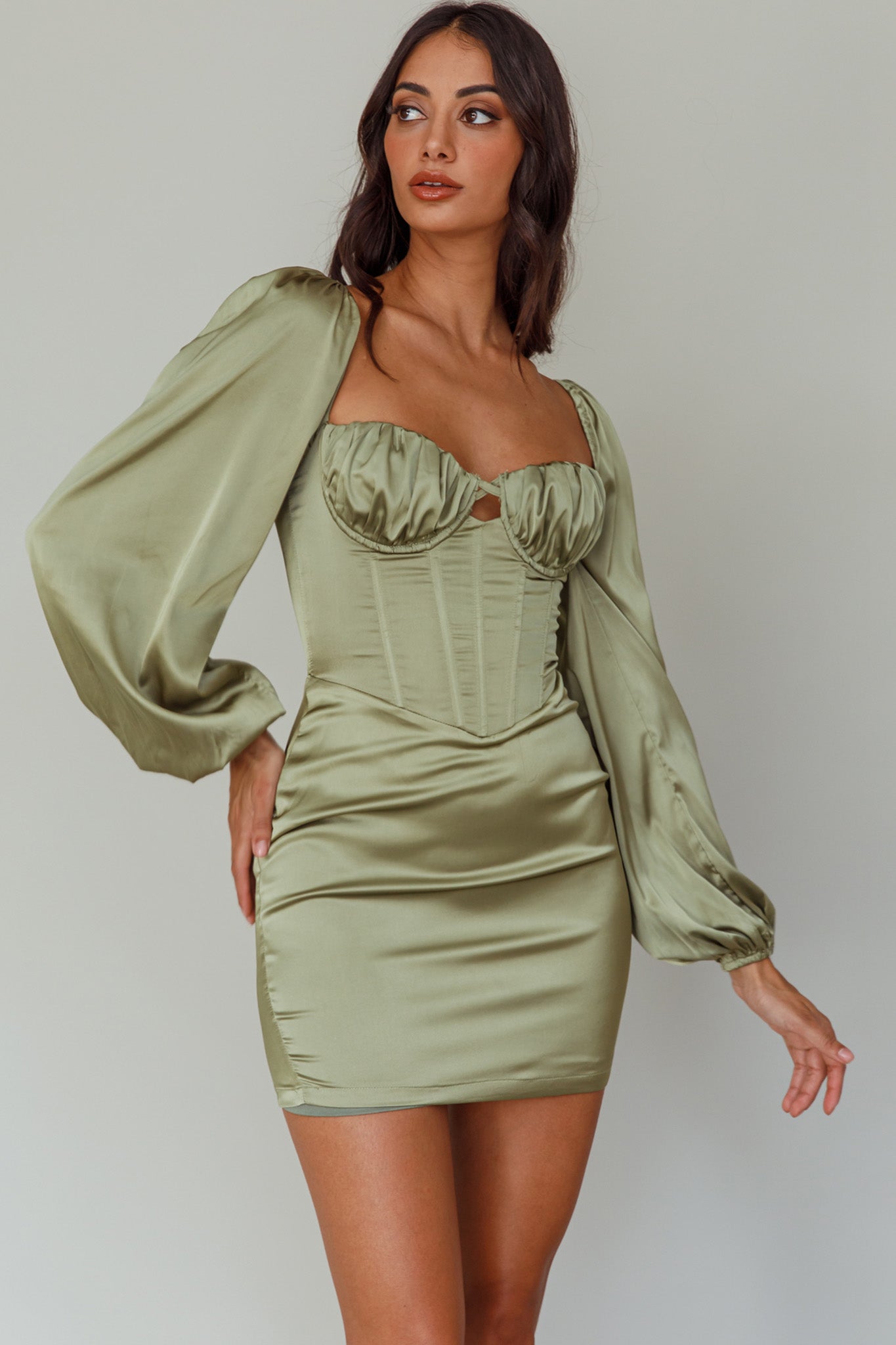 Au Revoir Long Sleeve Satin Mini Dress Sage