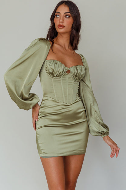 Au Revoir Long Sleeve Satin Mini Dress Sage