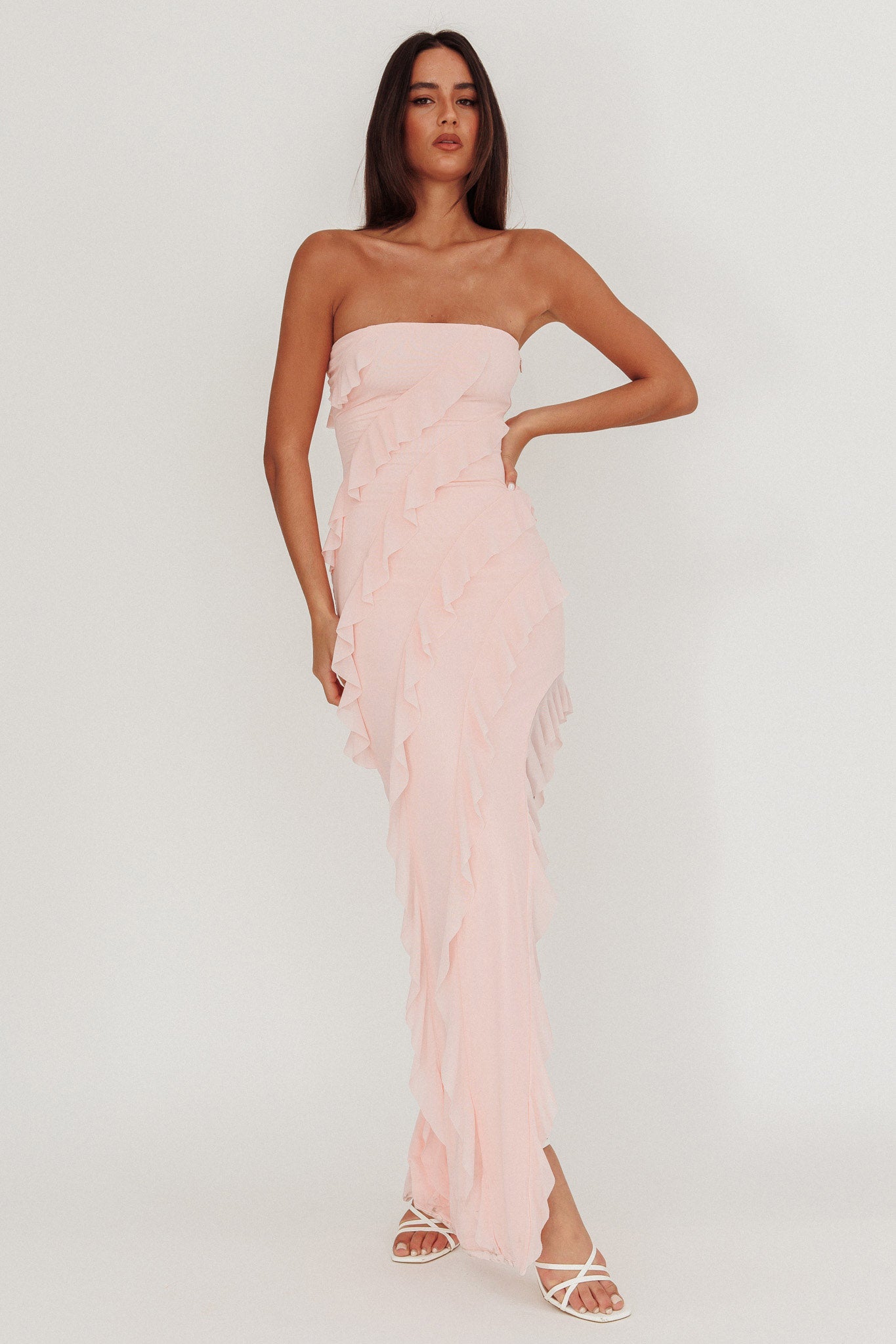 Just Friends Strapless Ruffle Maxi Dress Light Pink