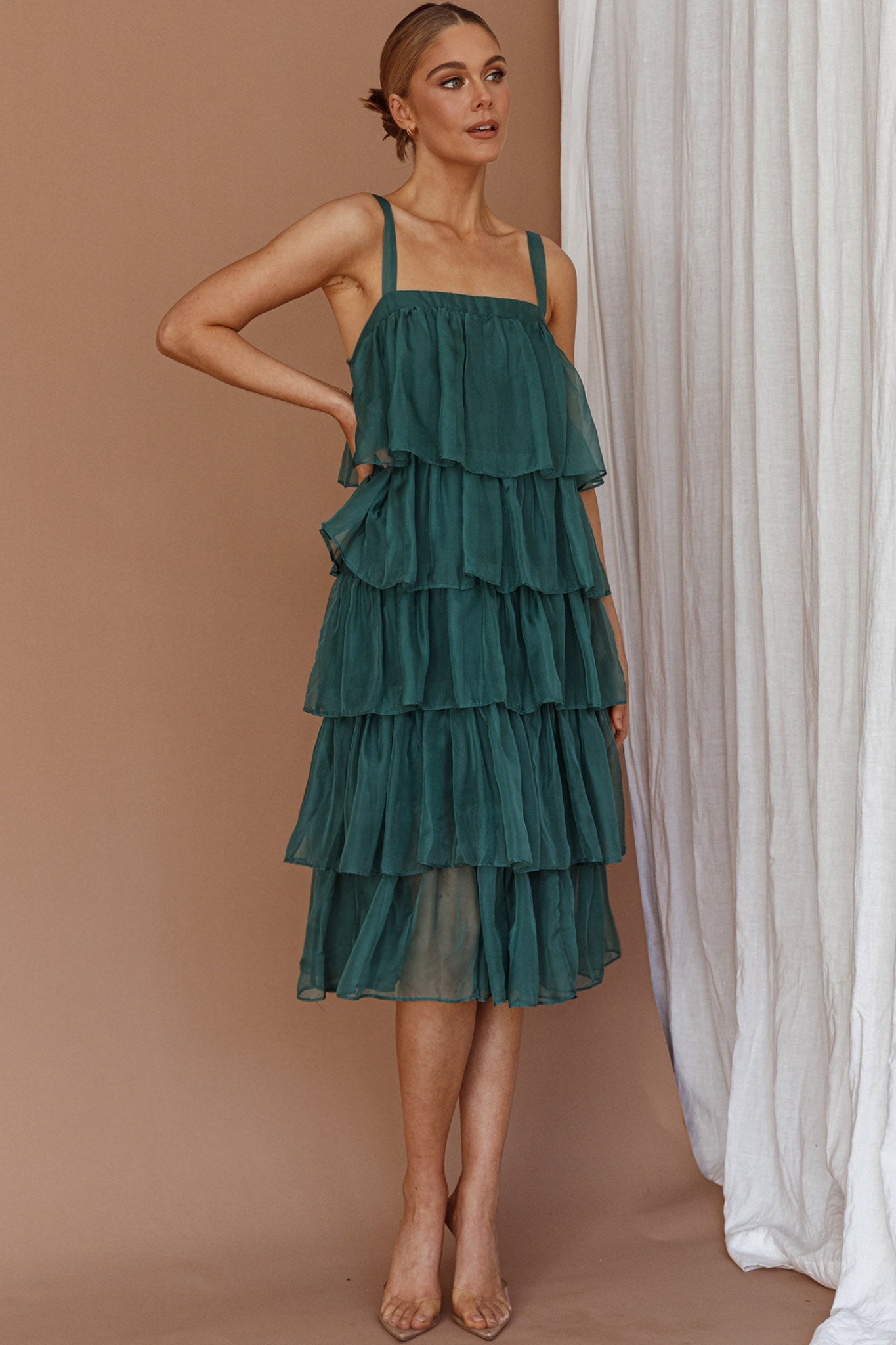 Merry Layered Frill Midi Dress Turtle Green