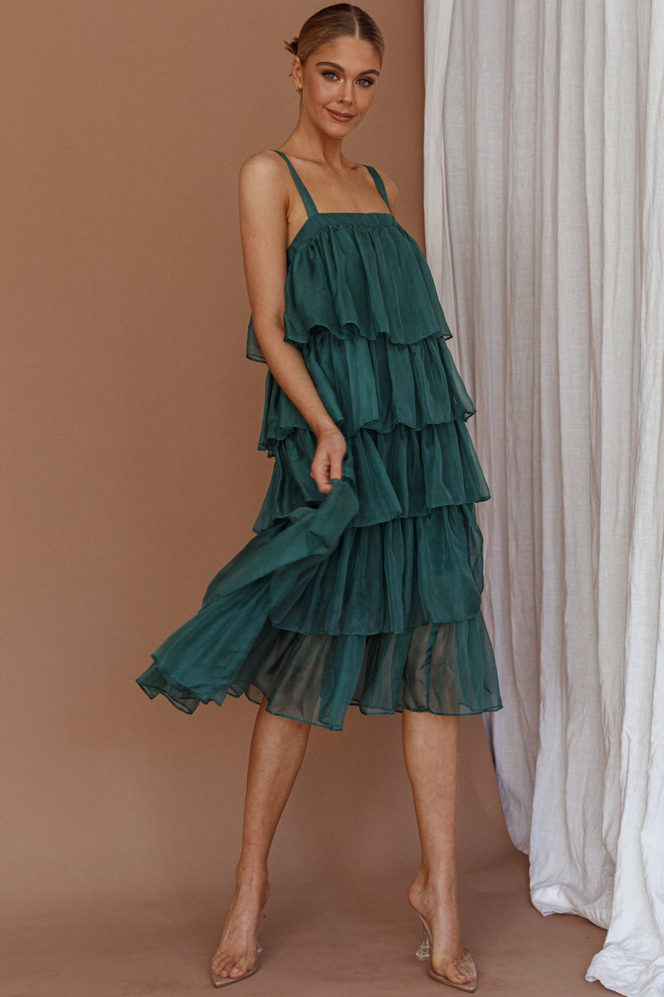 Merry Layered Frill Midi Dress Turtle Green