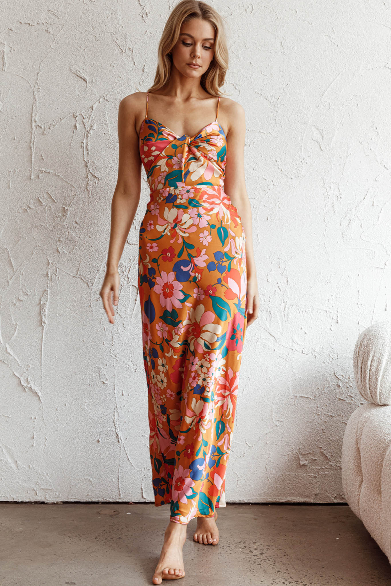 Sea Change Twist Bust Midi Dress Floral Orange