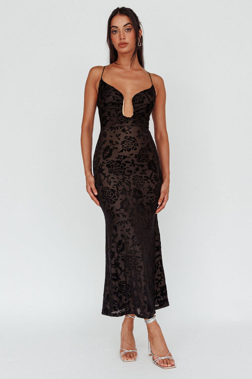 Nouveau U-Neckline Midi Dress Floral Black