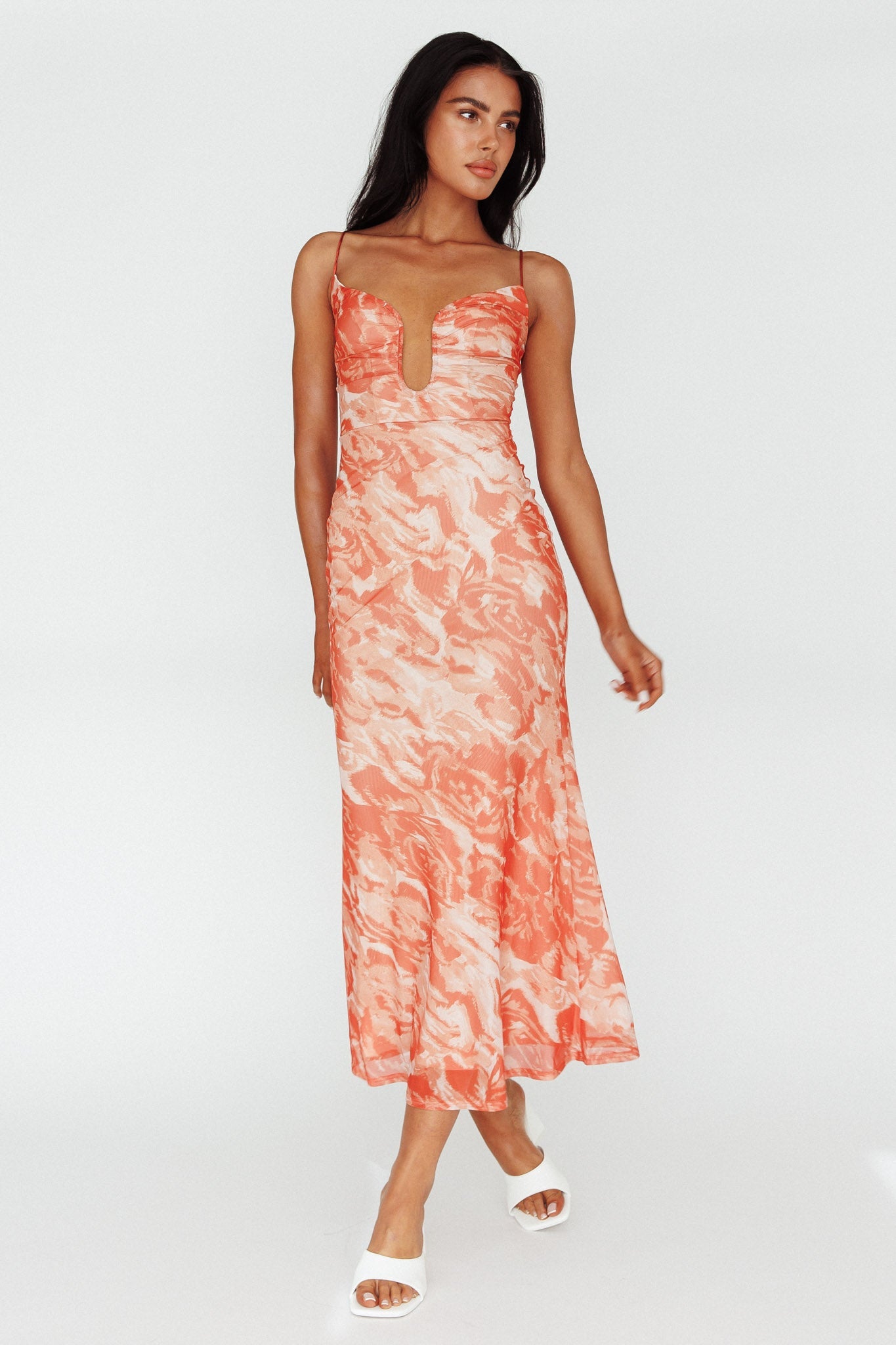 Nouveau U-Neckline Midi Dress Marbled Orange