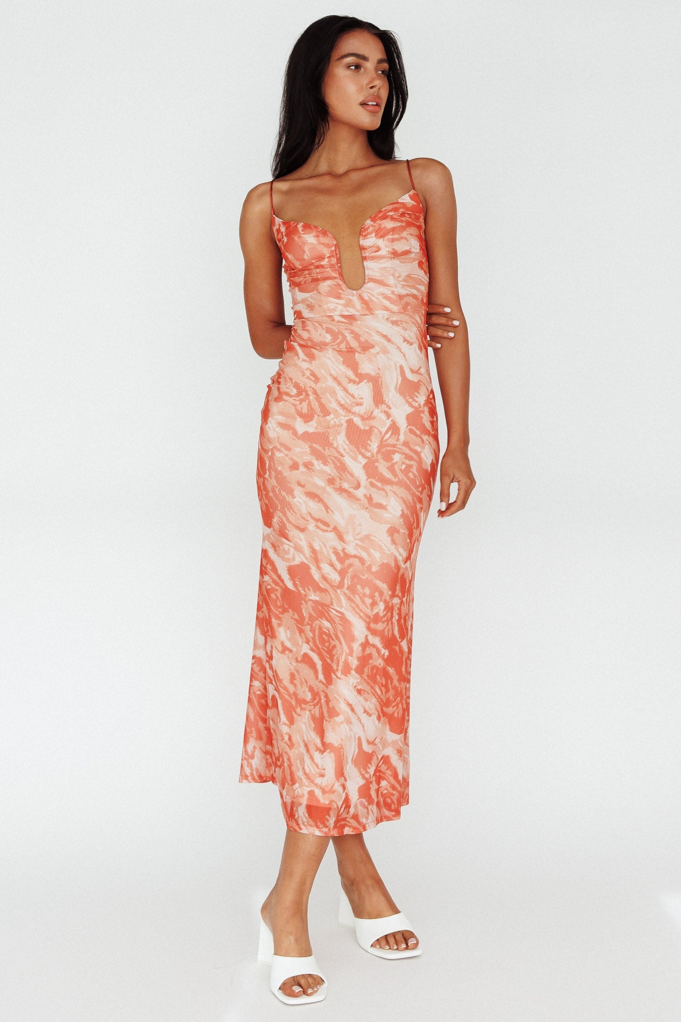 Nouveau U-Neckline Midi Dress Marbled Orange