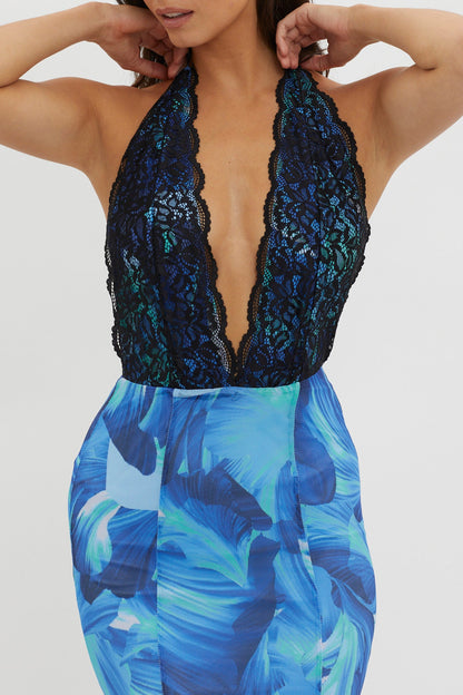 Mayah Lace Halterneck Maxi Dress Abstract Blue