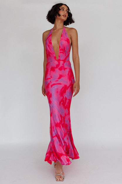 Mayah Halterneck Maxi Dress Printed Hot Pink