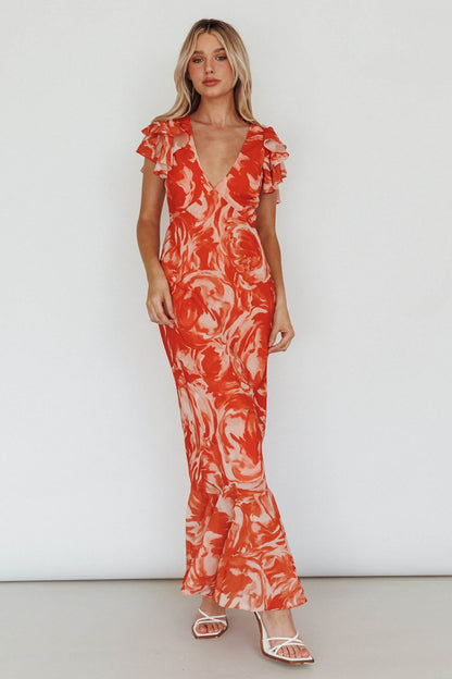 Lydiah Ruffle Sleeve Maxi Dress Floral Orange