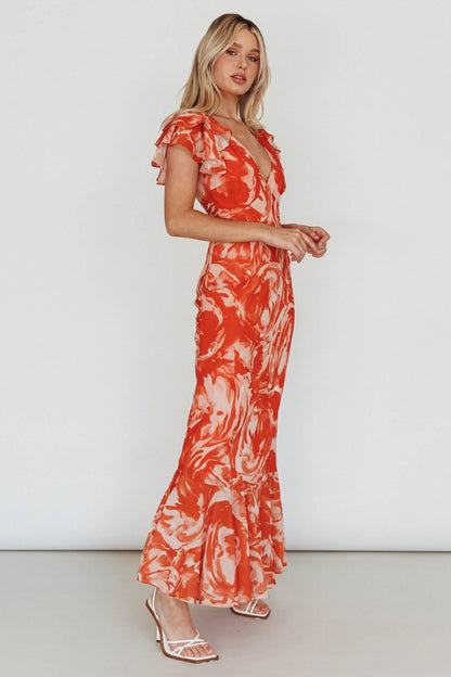 Lydiah Ruffle Sleeve Maxi Dress Floral Orange