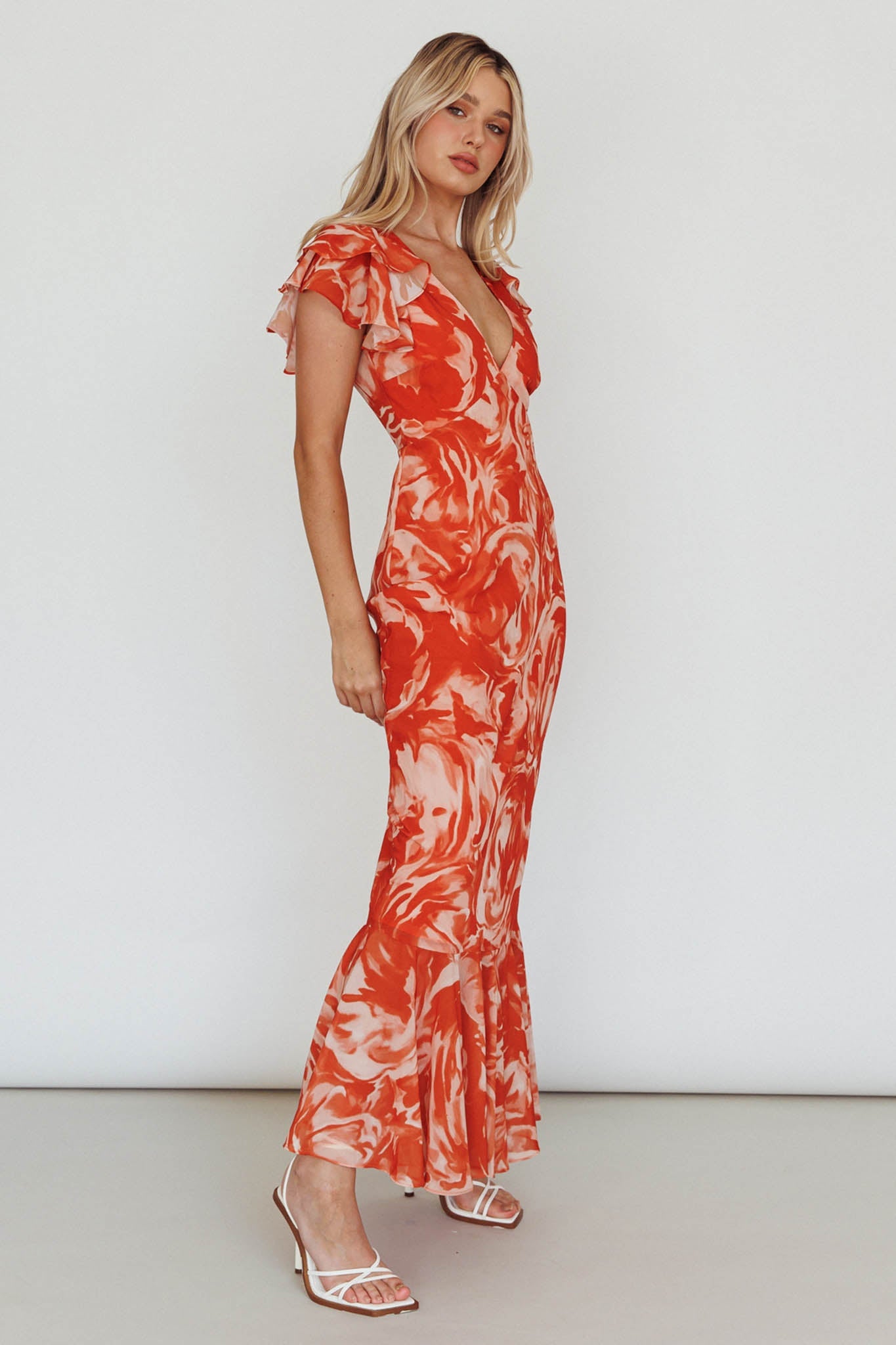 Lydiah Ruffle Sleeve Maxi Dress Floral Orange