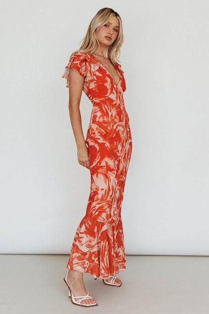 Lydiah Ruffle Sleeve Maxi Dress Floral Orange