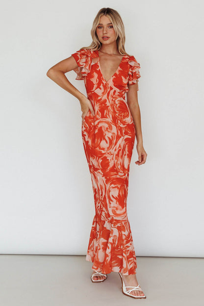 Lydiah Ruffle Sleeve Maxi Dress Floral Orange